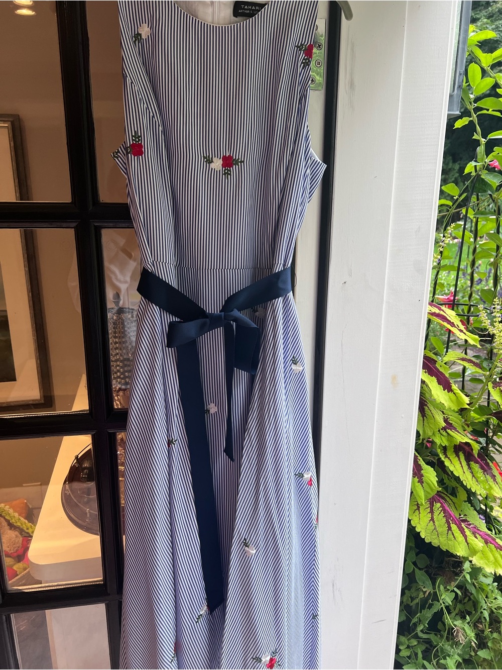 Tahari Blue and White Striped Dress with Navy Waist Tie and Floral Embroidery